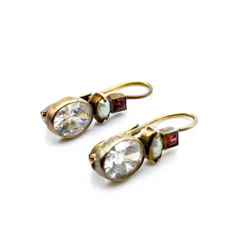 Vintage 925 Garnet Earrings, Bezel Set Gemstone Drop with Rice Pearl and Clear C
